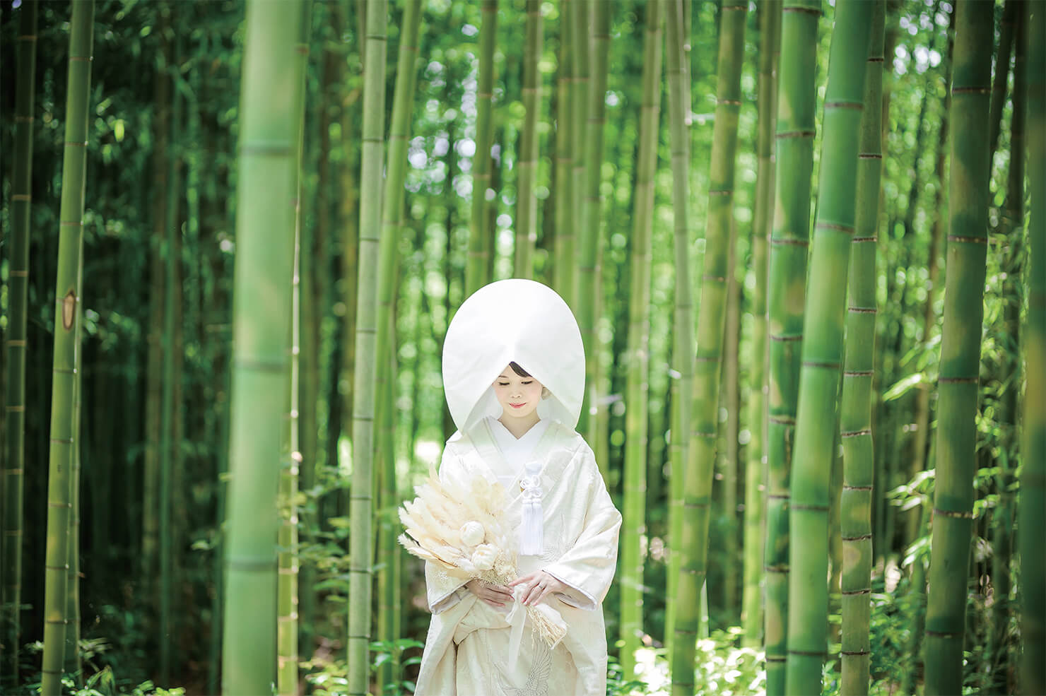 静謐な雰囲気漂う竹林と古きよき日本の花嫁